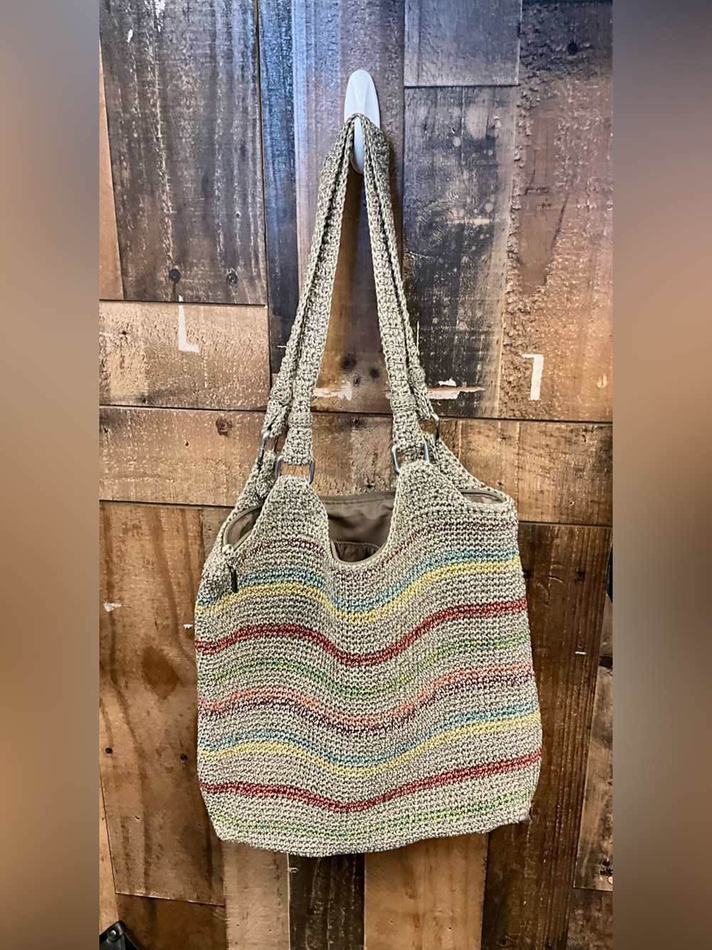 The Sak Crochet Stripe Tote in Natural with Red, Blue, Yellow & Green Accents